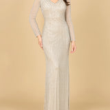 Classic V-Neck Beaded Long Sleeve Gown