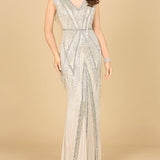 Beaded Fringe V-Neckline Dress with Cap Sleeves | Lara 28858