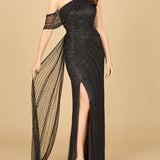 Beaded One Shoulder Dress with Train