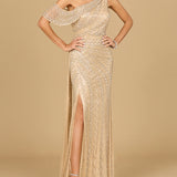 Beaded One Shoulder Dress with Train