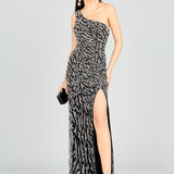 One-Shoulder Beaded Gown with High Slit