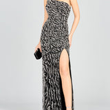 One-Shoulder Beaded Gown with High Slit