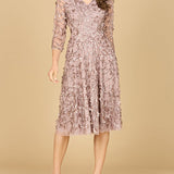 Flowing, 3D Embroidered Midi Dress with Sleeves