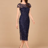 3D Applique Midi Dress with Cap Sleeves