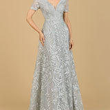 Short Sleeve Lace A-Line Dress with V-Neckline