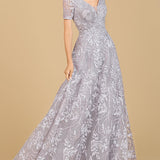 Short Sleeve Lace A-Line Dress with V-Neckline