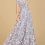 Short Sleeve Lace A-Line Dress with V-Neckline