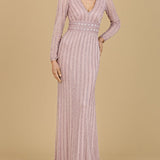 Long Sleeve V-Neck Beaded Gown