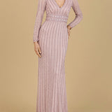 Long Sleeve V-Neck Beaded Gown