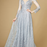 Long Sheer Sleeve V-Neckline Sheath Gown