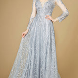 Long Sheer Sleeve V-Neckline Sheath Gown