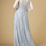 Long Sheer Sleeve V-Neckline Sheath Gown