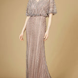 Cape Sleeve V-Neck Gown with Geometric Beading