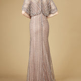 Cape Sleeve V-Neck Gown with Geometric Beading
