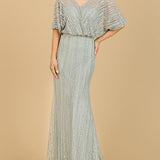 Cape Sleeve V-Neck Gown with Geometric Beading