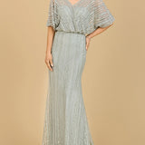 Cape Sleeve V-Neck Gown with Geometric Beading