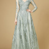 Long Sleeve Lace Ballgown with V-Neck