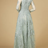 Long Sleeve Lace Ballgown with V-Neck