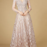 Long Sleeve V-Neck Ballgown  - OUTLET
