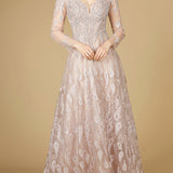 Long Sleeve V-Neck Ballgown  - OUTLET
