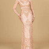 Beaded Long Sleeve V-neck Gown