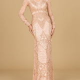 Beaded Long Sleeve V-neck Gown