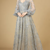 V Neckline Balloon Sleeve Gown
