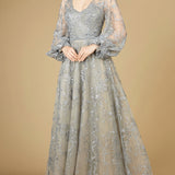 V Neckline Balloon Sleeve Gown