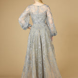 V Neckline Balloon Sleeve Gown