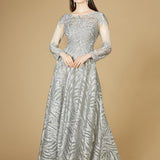 Lace Ball Gown with Long Sheer Sleeves and High Neck - OUTLET