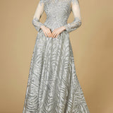 Lace Ball Gown with Long Sheer Sleeves and High Neck - OUTLET