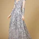 A-line Gown With Long Sleeves, V-Neckline