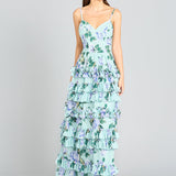 Ruffle Skirt Printed Gown with Spaghetti Straps - OUTLET