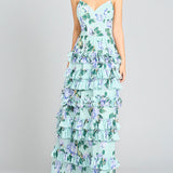 Ruffle Skirt Printed Gown with Spaghetti Straps - OUTLET