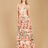 Ruffle Skirt Printed Gown with Spaghetti Straps - OUTLET