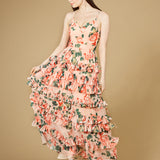Ruffle Skirt Printed Gown with Spaghetti Straps - OUTLET