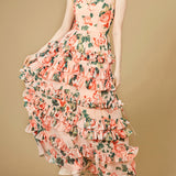 Ruffle Skirt Printed Gown with Spaghetti Straps - OUTLET