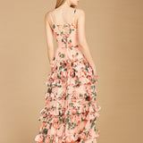 Ruffle Skirt Printed Gown with Spaghetti Straps - OUTLET