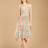 V-Neck Printed Midi Length Dress with Pleats - OUTLET
