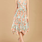 V-Neck Printed Midi Length Dress with Pleats - OUTLET