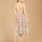 V-Neck Printed Midi Length Dress with Pleats - OUTLET