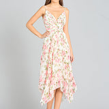 V-Neck Printed Midi Length Dress with Pleats - OUTLET