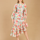 High Neck, Lace Up, Long Sleeve Printed Midi Dress - OUTLET