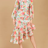High Neck, Lace Up, Long Sleeve Printed Midi Dress - OUTLET