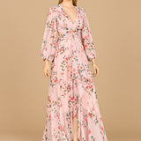 Long Sleeve V-Neck, Layered Skirt Print Dress- OUTLET