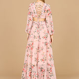 Long Sleeve V-Neck, Layered Skirt Print Dress- OUTLET