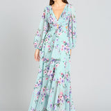 Long Sleeve V-Neck, Layered Skirt Print Dress- OUTLET