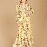 Long Sleeve V-Neck, Layered Skirt Print Dress- OUTLET