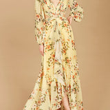 Long Sleeve V-Neck, Layered Skirt Print Dress- OUTLET