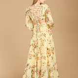 Long Sleeve V-Neck, Layered Skirt Print Dress- OUTLET